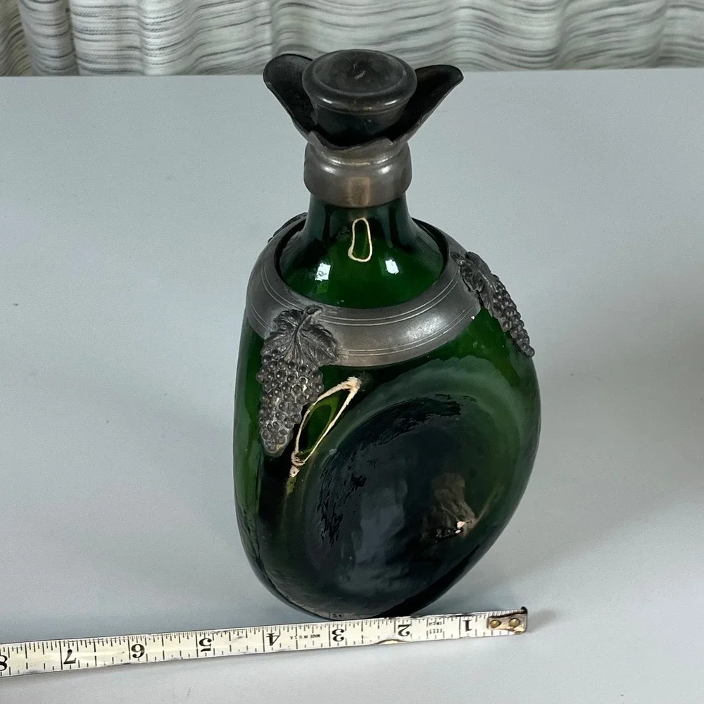 Vintage Decanter Set Green Amber Glass Italy OS Good Pewter Grape Overlay